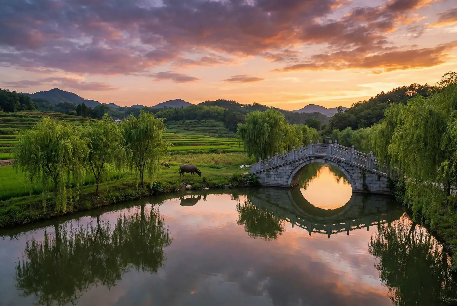 夕阳下的石拱桥与垂柳，水牛在河边吃草 - 脚交片 乡村美景